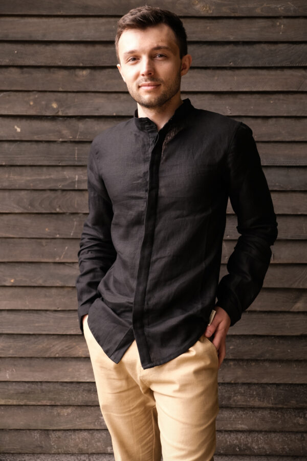Male Shirt Linen - Mandarin Collar Concealed Stand ~ Black