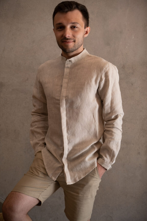 Male Shirt Linen - Mandarin Collar Concealed Stand ~ Natural