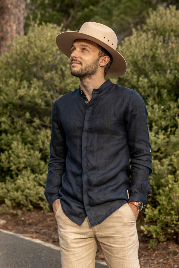 Male Shirt Linen - Mandarin Collar Concealed Stand ~ Navy
