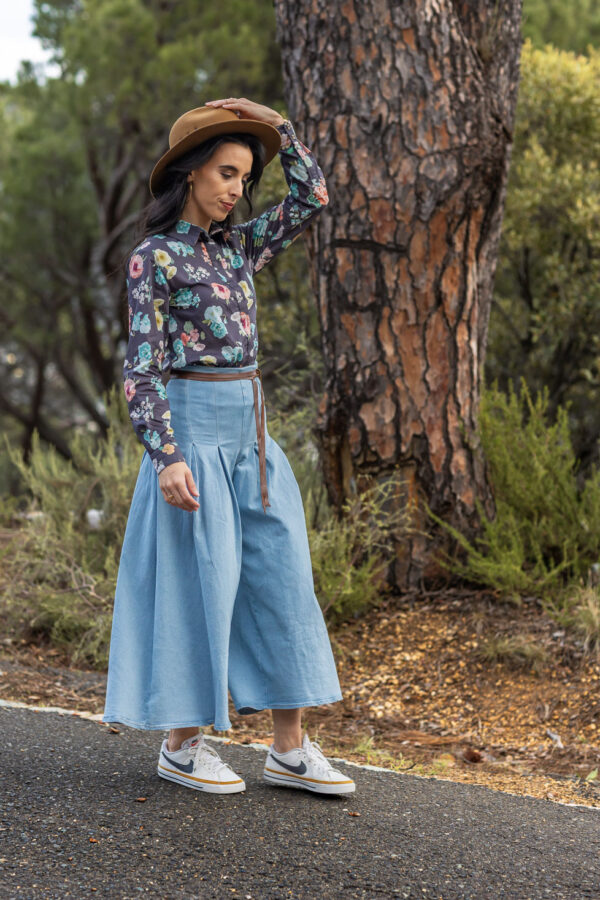 High Waist Culotte Stretch Cotton Viscose Blend Denim ~ Vintage Blue