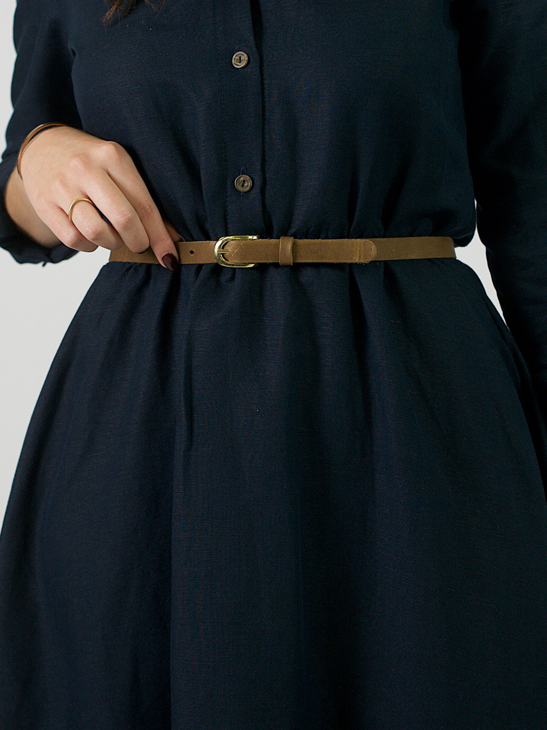 Skinny Leather Belt ~ Coffee + Gold - Image 2