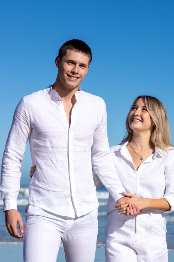 Male Shirt Linen - Mandarin Collar Concealed Stand ~ White