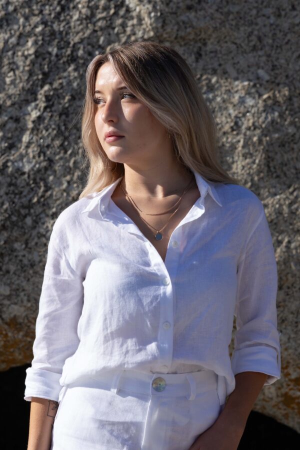 Ladies Shirt Linen - Cropped Length Formal Collar ~ White