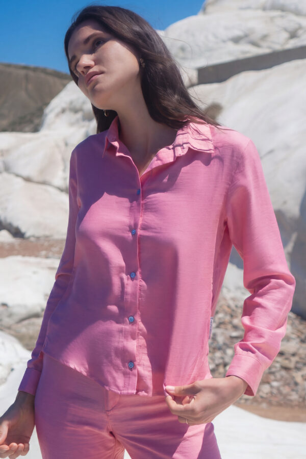 Ladies Shirt Rayon Nylon Linen - Cropped Length Formal Collar ~ Pink