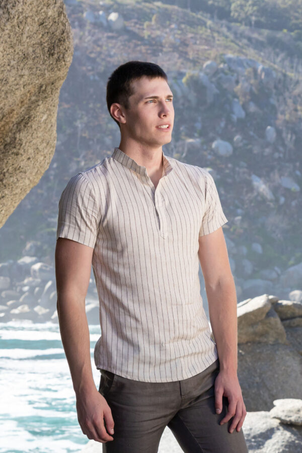 Summer Shirt Lyocelle Linen - Mandarin Collar ~ Brown Stripe