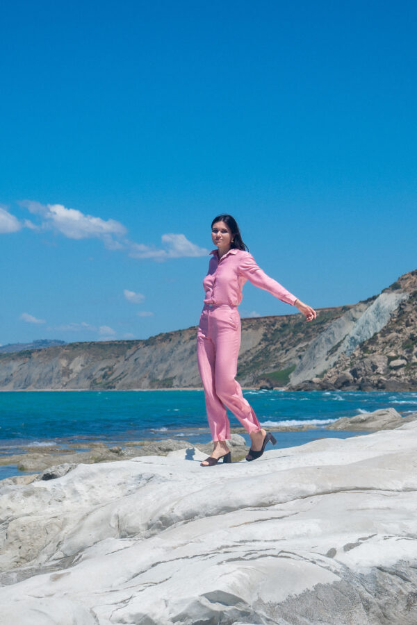 High Waist Trousers Rayon Nylon Linen ~ Pink