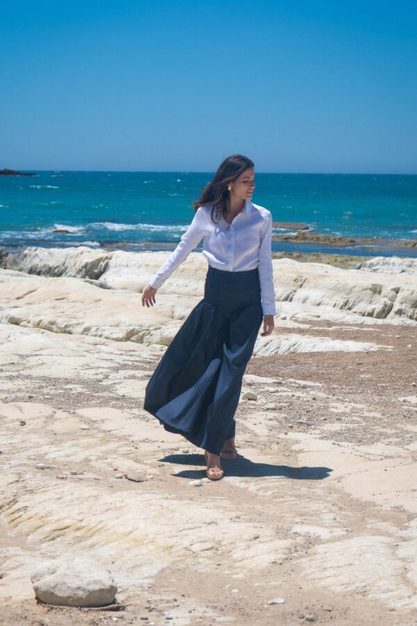 High Waist Culotte Stretch Cotton Rayon Blend Denim ~ Navy